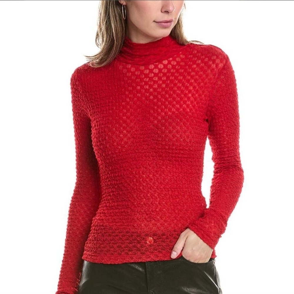 FRAME Mesh Lace Top | Size Small | Cherry Red | Flared Sleeves